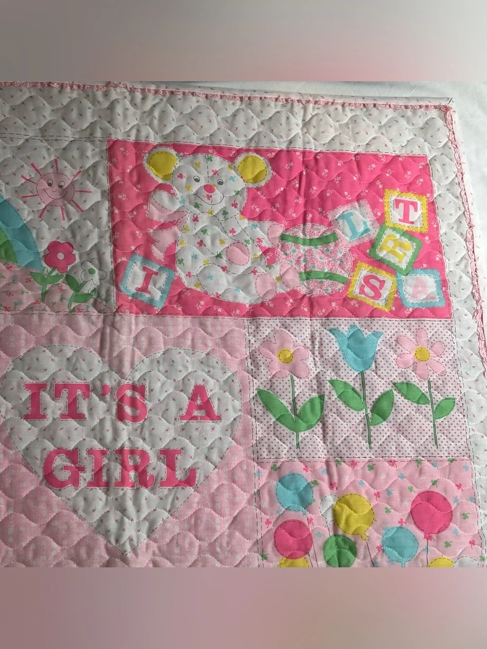Vintage 70’s Baby Quilt /Giraffe, Rainbow, Teddy Bear 43” L X33”W - IT’S A GIRL